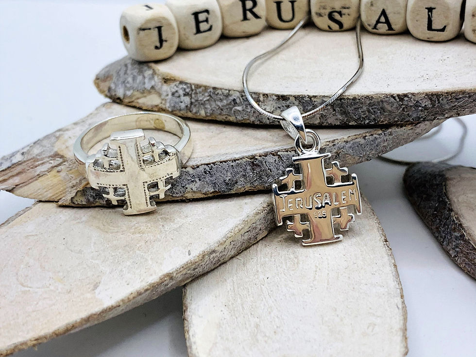 Thumbnail: Set of ring and Jerusalem Cross Pendant, small or large, 925 sterling silver