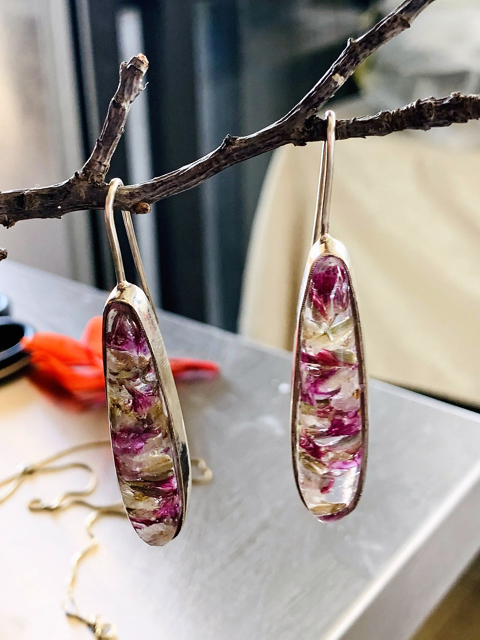 Thumbnail: Silver sterling 925 earrings with real dried flowers, Long Drop
