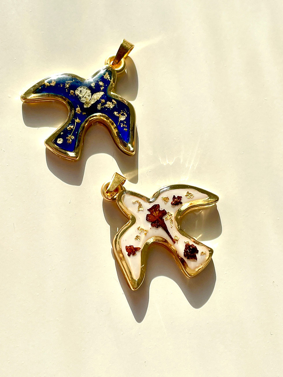 Thumbnail: Set of  two Christian Jewelry, Gold plated mat 24 k dove pendant with real dried flowers from the Holy Land,