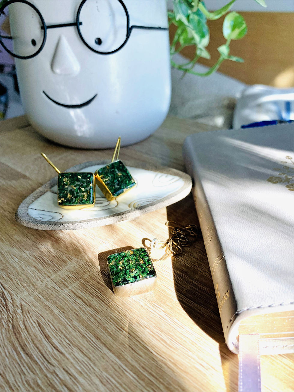Thumbnail: Set of 14K Gold Plated Silver rhombus dangle handmade earrings and pendant