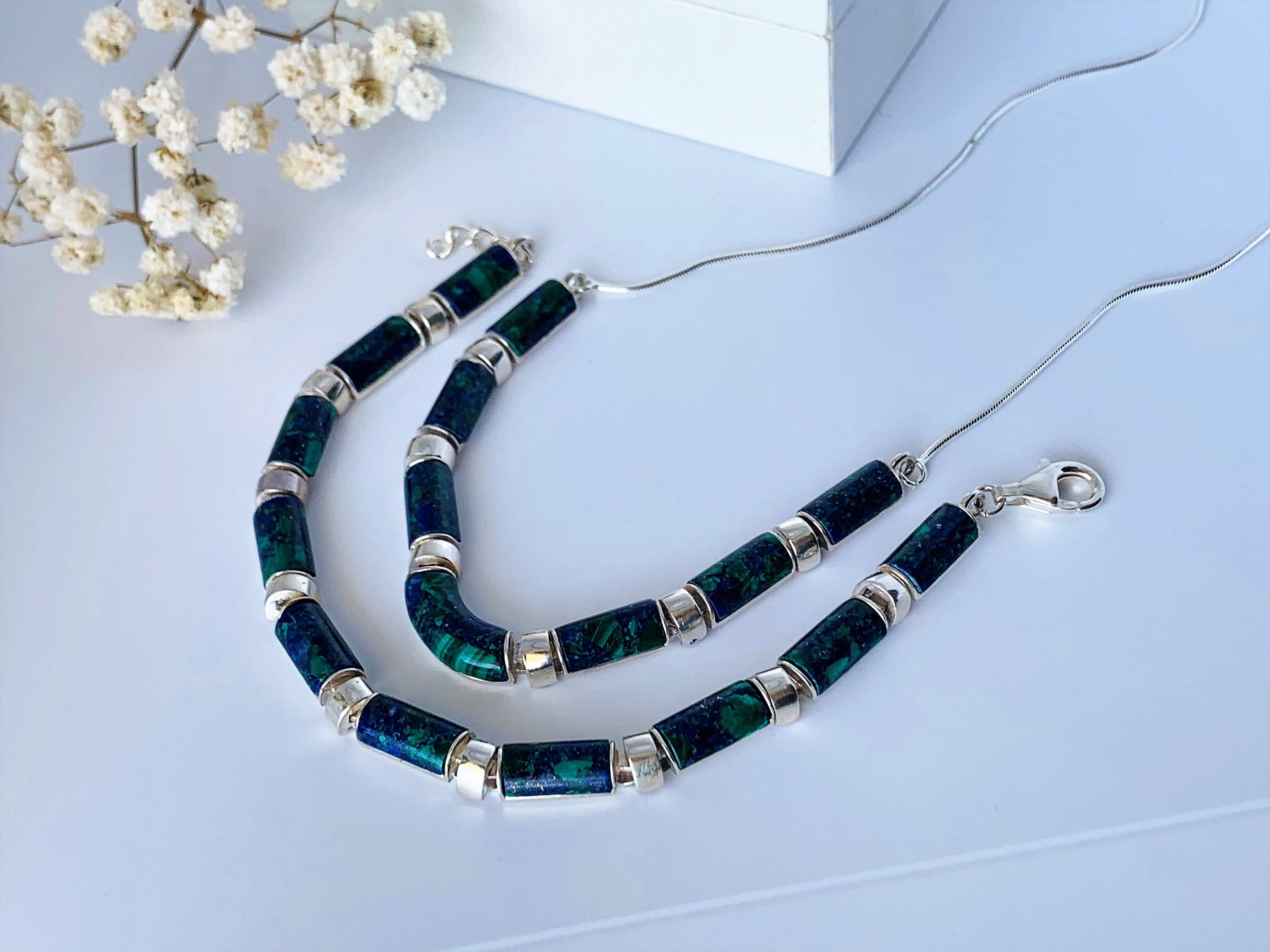 Set of Eilat Stone Pendant and Bracelet, 925 sterling silver with chain