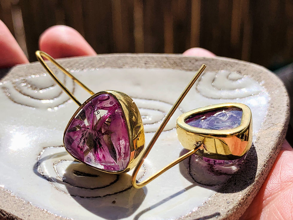 Thumbnail: 14K Gold Plated Silver sterling earrings with real flowers, Upside-down triangle