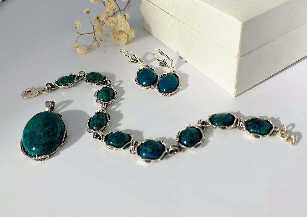 Thumbnail: Set of Eilat Stone Bracelet, Pendant and Earrings, 925 sterling silver