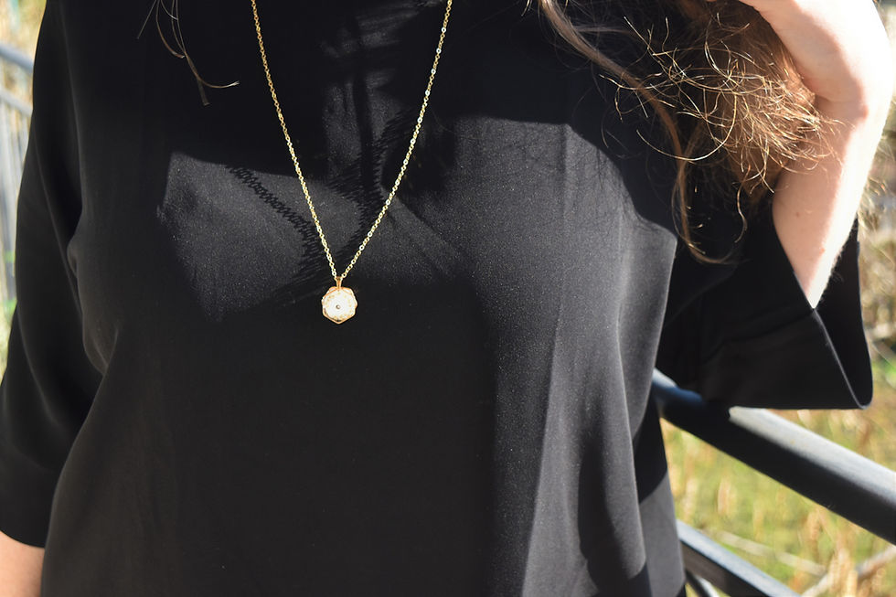 Thumbnail: Patricia-Octagonal pendant (double) with mustard seed, with dried flowers on the model
