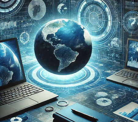 uma imagem em tons de azul com o planeta terra e notebooks ao redor, uma imagem tecnológic