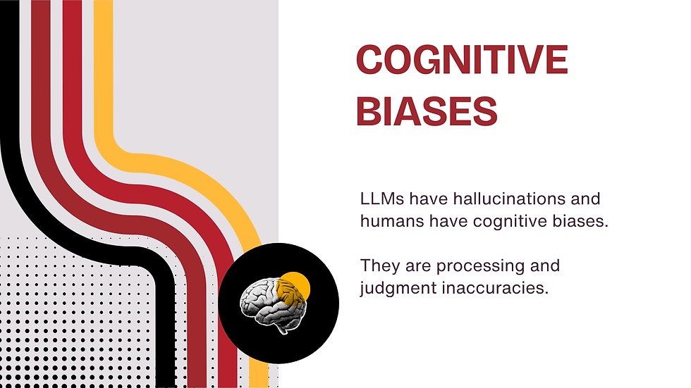 Text on cognitive biases, with colorful lines and a brain icon on the left. Text reads, "LLMs have hallucinations and humans have cognitive biases."