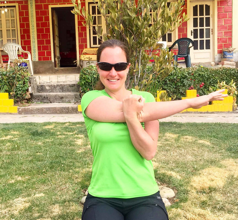 Horizontal adduction / posterior shoulder stretch. Good alternative to sleeper stretch. AvVida.co.uk - Suzie Says...