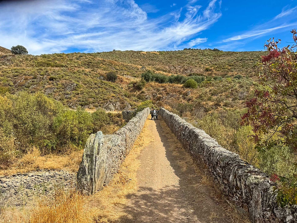 Stone bridge with bike under clear sky, surrounded by hills covered in green and brown foliage. Sparse colorful plants add vibrant detail. Portugal ACT Hard option 2 day 1.