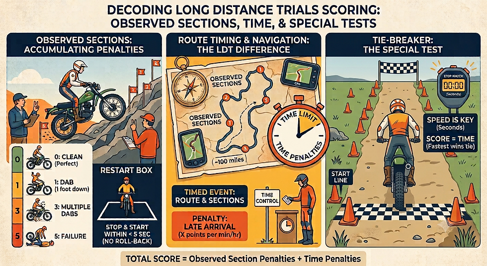 Guide to Long Distance Trials Scoring: Understanding Penalties in Observed Sections, Timing Navigation Challenges, and Special Test Tie-Breakers. AI generated image.