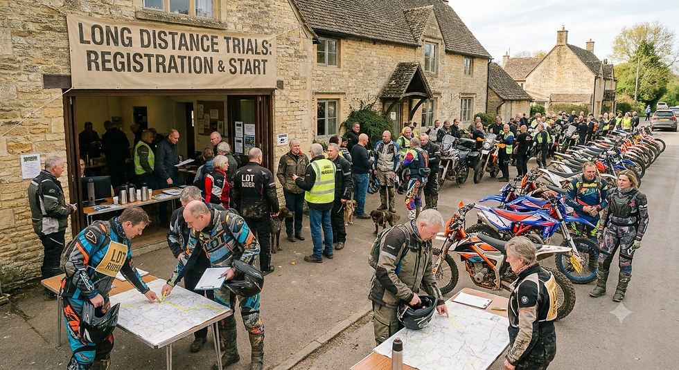 Motorcyclists gather at the registration area for the Long Distance Trials, discussing bike setup, the route cards before embarking on their exciting LDT. Rows of motorbikes are lined up outside the rustic stone building, capturing the lively and anticipatory atmosphere of the event. AI generated image.