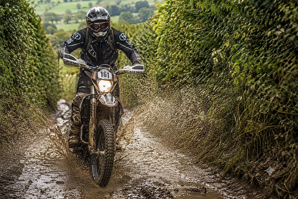 Rider navigates a muddy liaison section of an LDT on an enduro bike equipped with a trials tires. AI generated image.