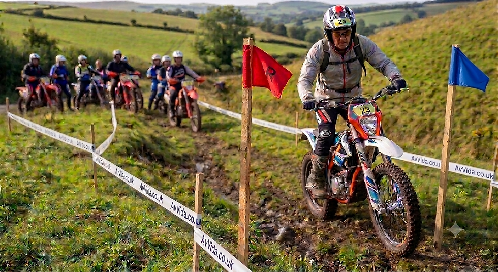 Rider navigates through a muddy track marked with traditional red and blue flags during an LDT event, while fellow competitors await their turn against a backdrop of rolling hills. AI generated image.