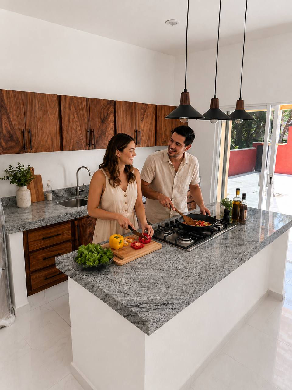 Couple cooking together in a modern kitchen island.