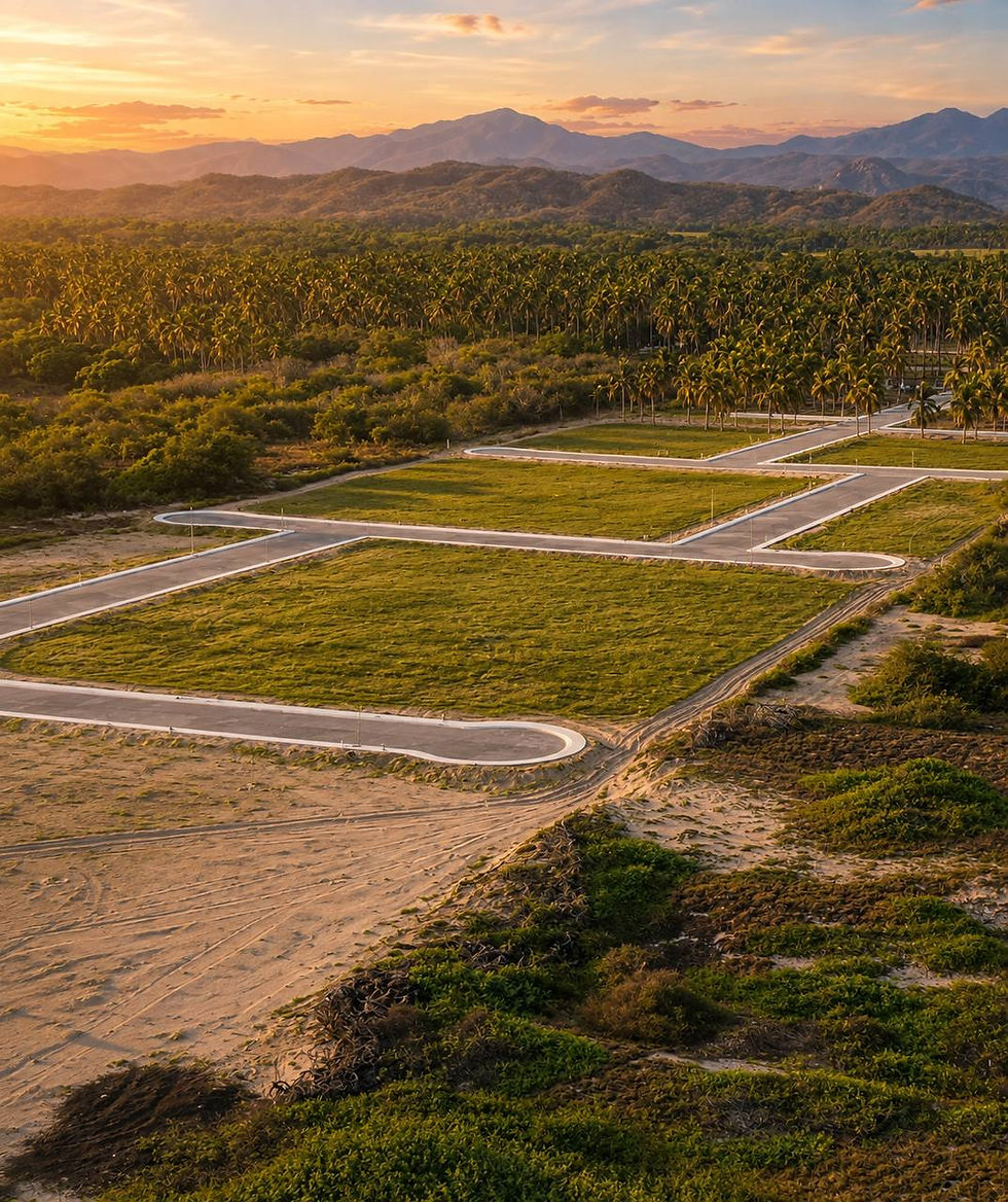 Aerial view of land plots at sunset with mountains.