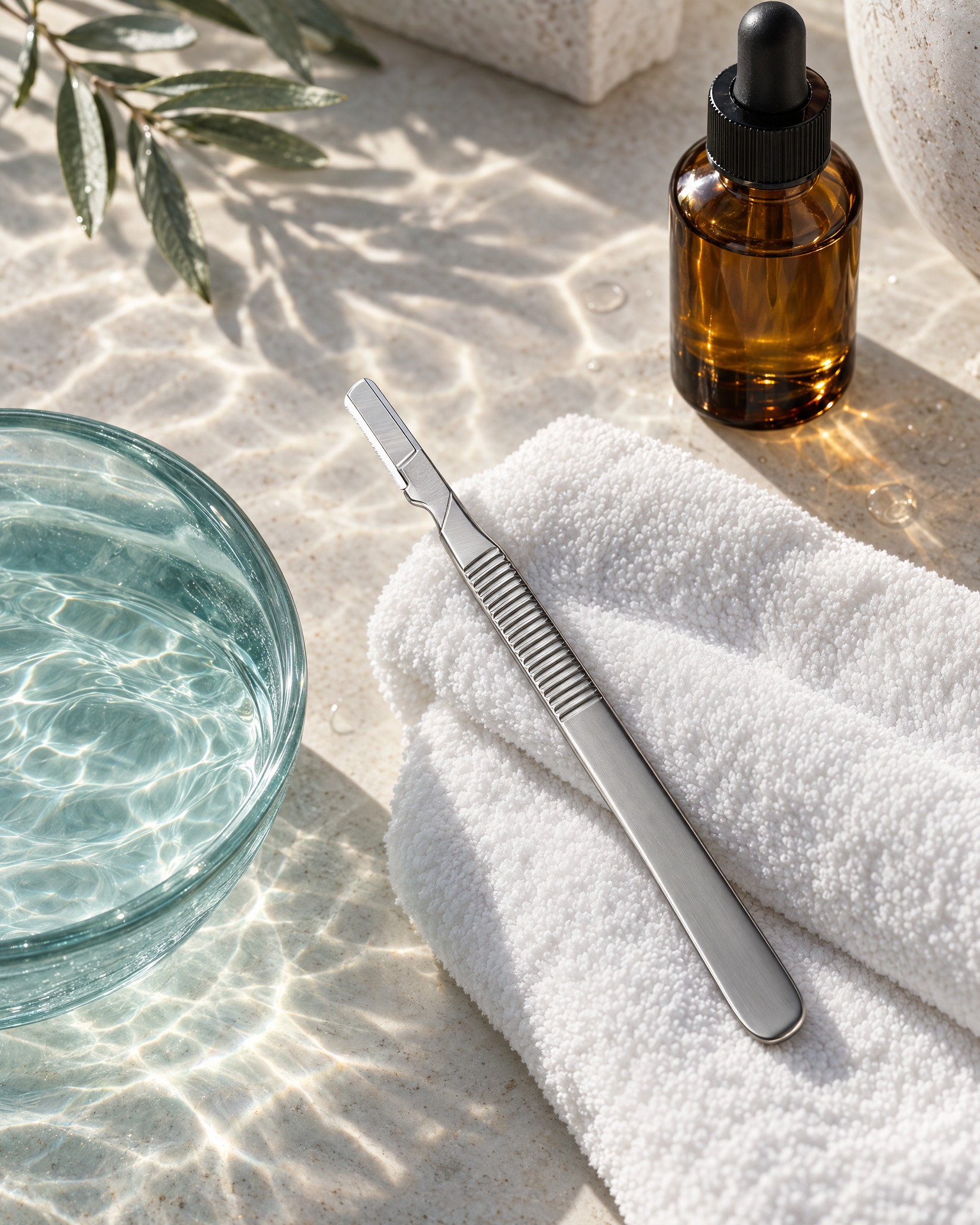 Editorial dermaplaning tools and skincare detail
