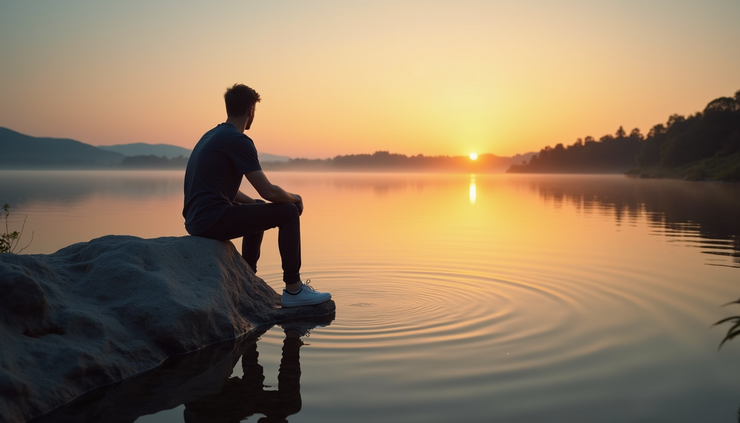 High angle view of a man sitting quietly on a rock overlooking a calm lake at sunrise