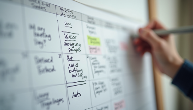 Close-up view of a calendar with handwritten notes and reminders, showing a weekly routine plan