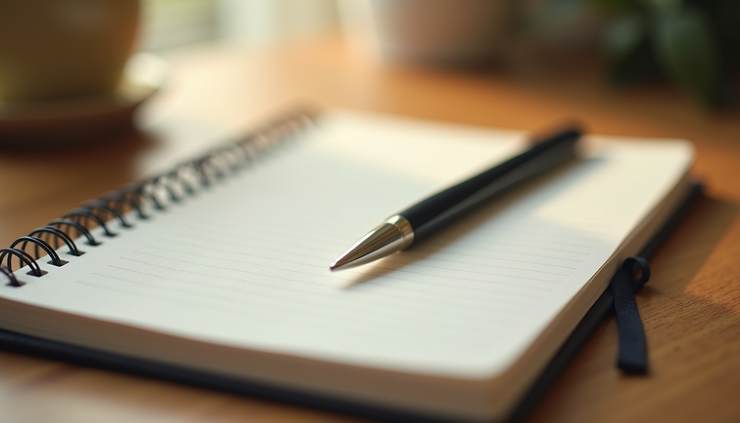 High angle view of a journal and pen on a wooden desk with morning sunlight