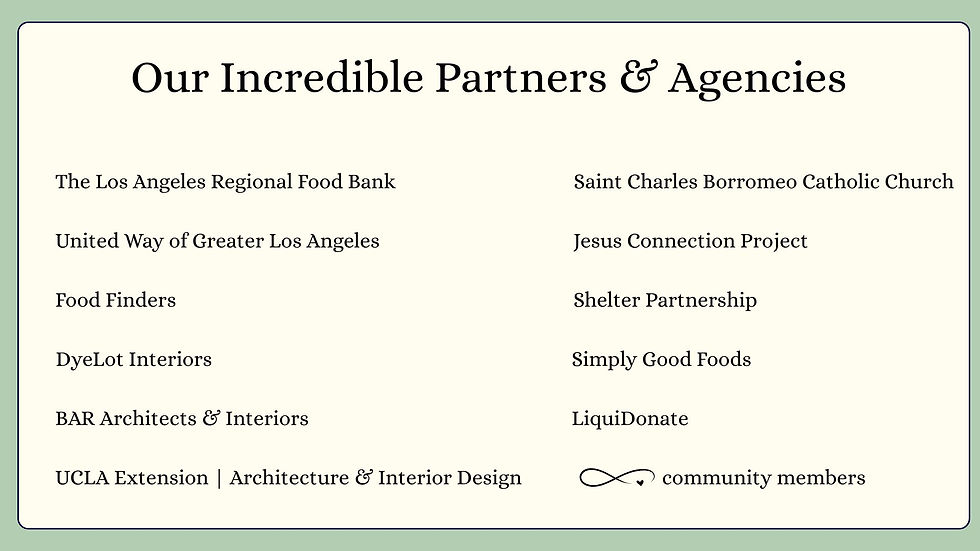 Acknowledging the incredible agencies and donors supporting student lunchboxes, including the Los Angeles Regional Food Bank, Food Forward, United Way of Greater Los Angeles, and many dedicated community members.
