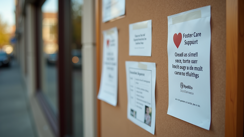 Close-up view of a community bulletin board with flyers about foster care support