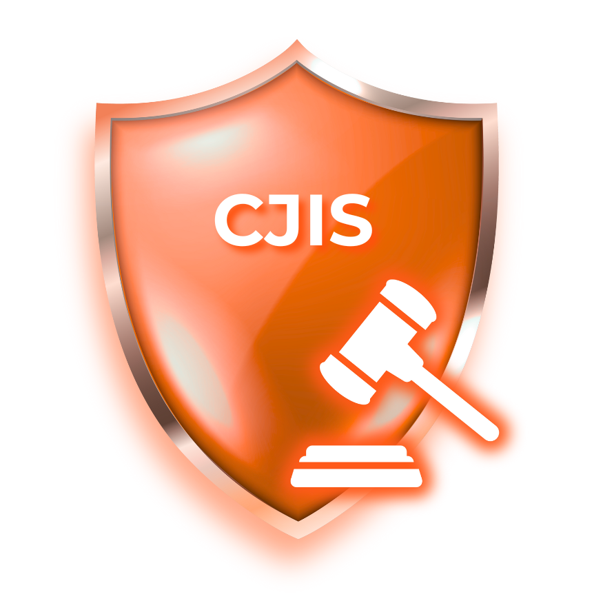 CJIS shield logo with gavel and text, legal protection and security.
