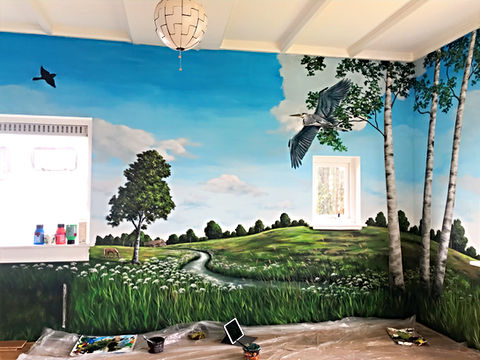 Muurschildering landschap met Drentse Aa berkenbomen en vogels