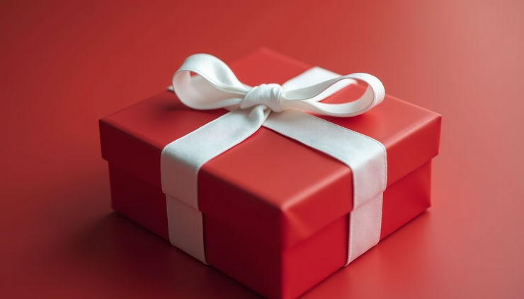 Close-up view of a Valentine’s Day gift box with a warning sign about scams