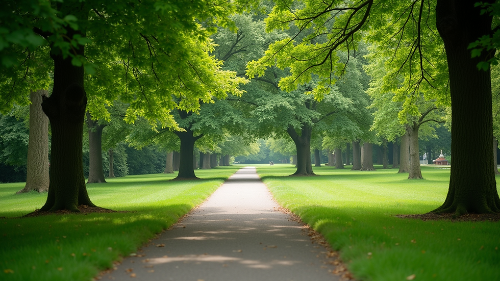 Wide angle view of a peaceful park with a walking path