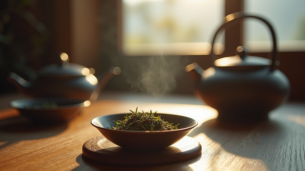 Eye-level view of a traditional tea ceremony setup with tea leaves and teapot