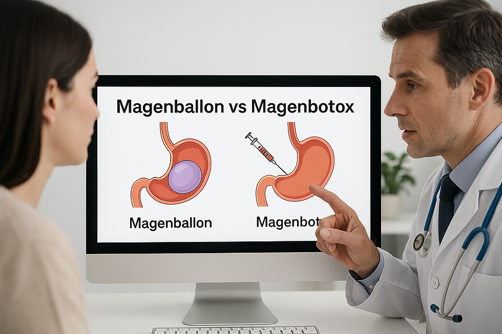 Ein Arzt erklärt einer Patientin am Monitor den Unterschied zwischen Magenballon und Magenbotox anhand anatomischer Illustrationen.