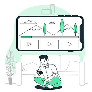 Digital illustration of a man sitting on the floor using a smartphone, with a large smartphone above him displaying outdoor videos