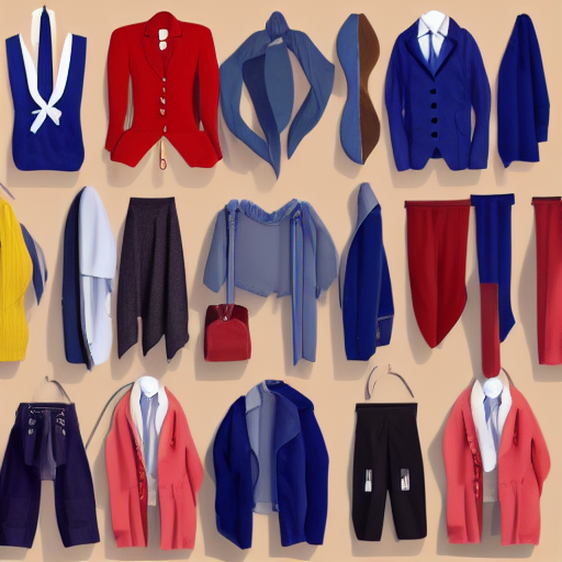 A flat lay of 3 rows of various uniform clothing items