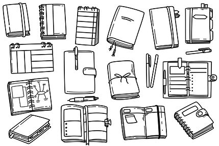 Black and white image of outline hand drawn diaries of differing shapes and varieties