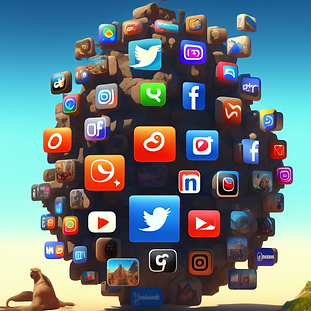 A rounded, earthy mass with social media app icons