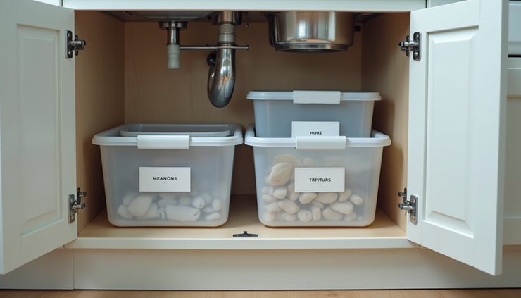 High angle view of labeled transparent bins and hooks inside an under sink cabinet door