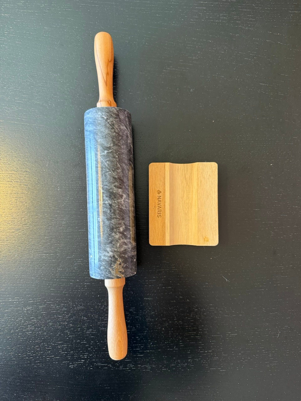 Thumbnail: Navaris Marble Rolling Pin with Wooden Cradle Phone Stand