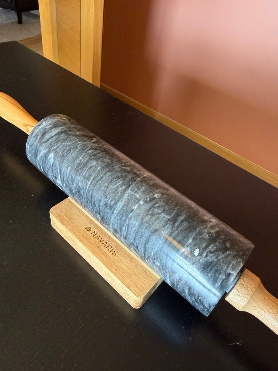 Thumbnail: Navaris Marble Rolling Pin with Wooden Cradle Phone Stand