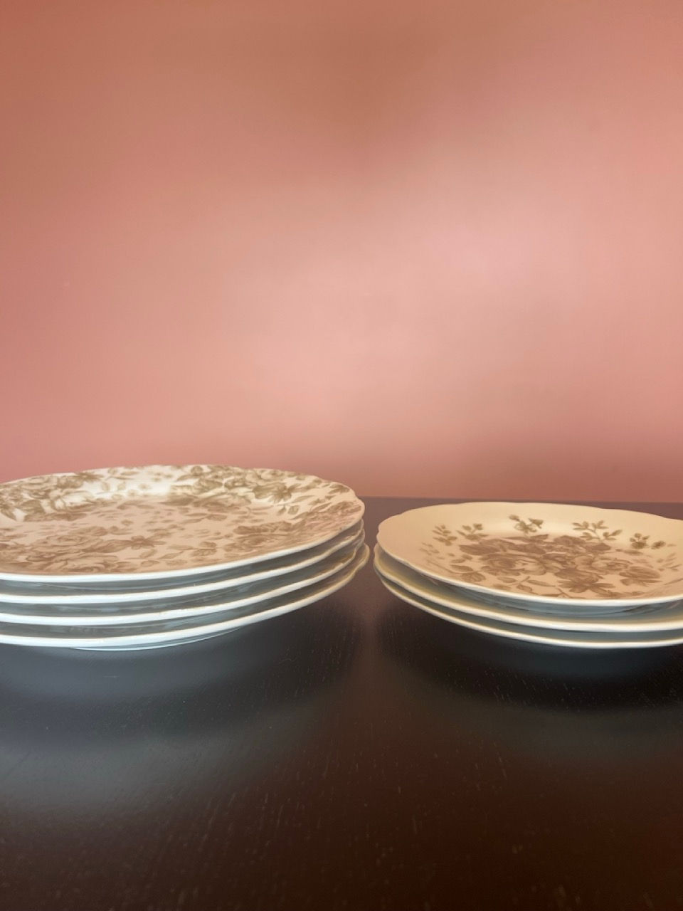 Thumbnail: Vintage Style Sepia Rose Chintz Dinner Plate Set (7 pieces)