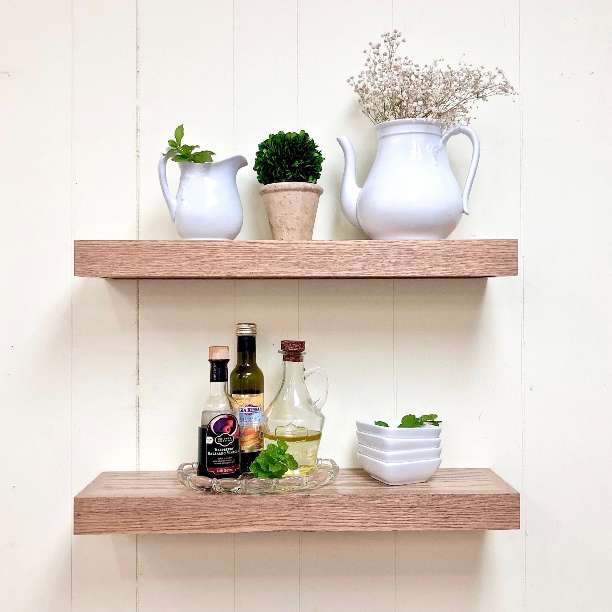 Pair of Pale Oak Floating Wall Shelves