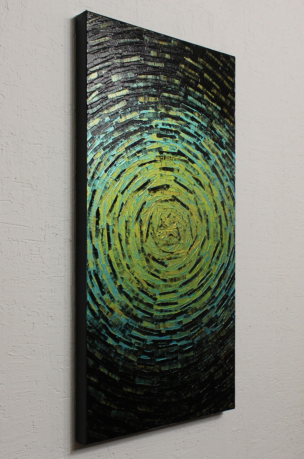 Miniatura: Tableau abstrait concentrique, couleurs verte et bleue, vue de gauche.