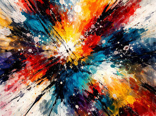 Pittura astratta ispirata al tachismo, caratterizzata da spruzzi di colori vivaci, gesti spontanei ed effetti materici che evocano una composizione libera ed espressiva.