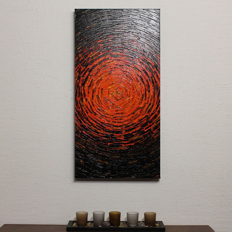 Miniatura: Tableau abstrait concentrique couleurs chaude vue accrochée.