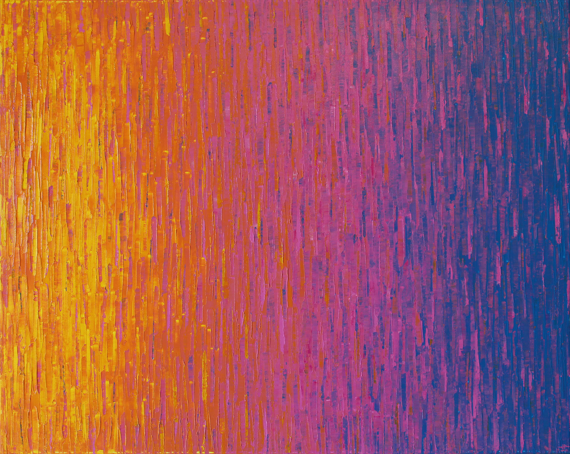 Peinture abstraite de la série "Fondu" couleurs jaune rose bleue.