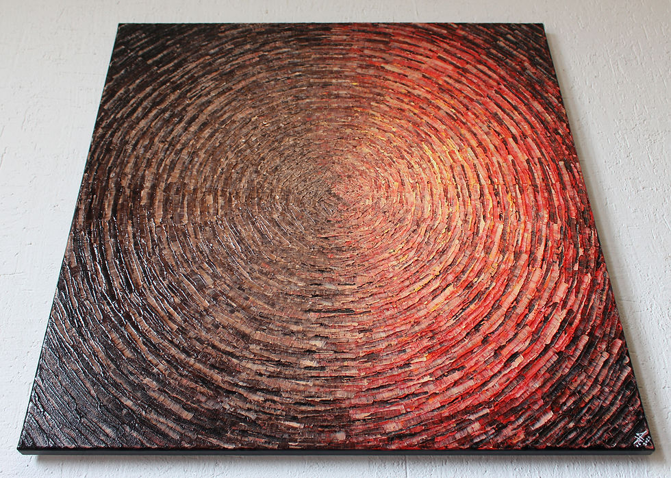 Miniatura: Peinture concentrique contemporaine marron et rouge vue en contre plongée