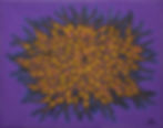 Peinture abstraite violette et jaune représentant un pistil de fleur.