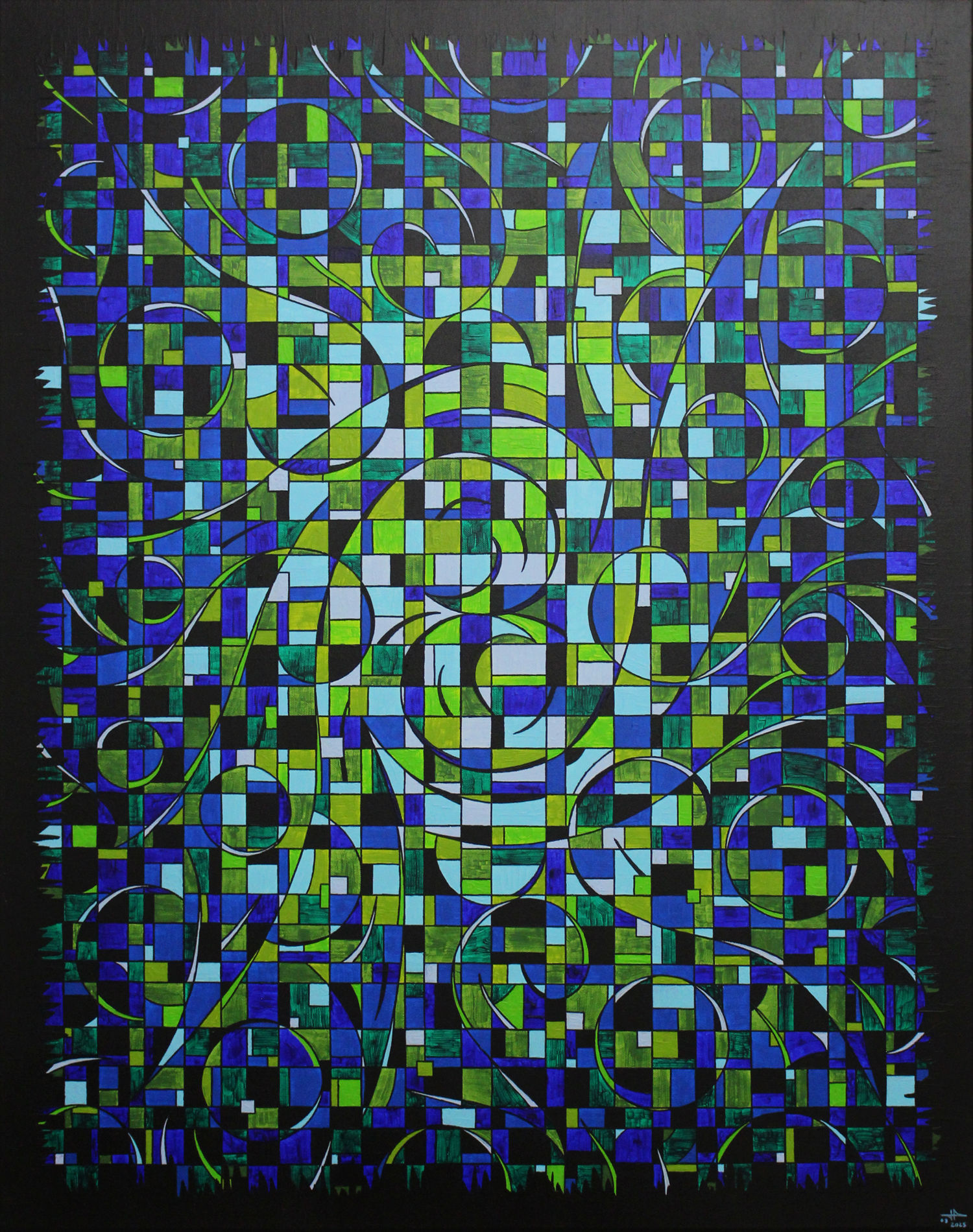 Peinture abstraite contemporaine vert bleu avec effet fragmentées