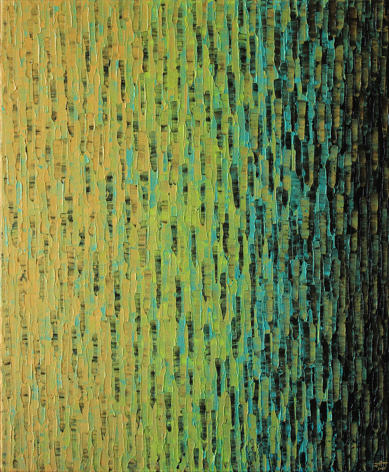 Peinture abstraite contemporaine Dégradé Or Vert Bleu, réalisée au couteau, couleurs dorées, vertes et bleues.