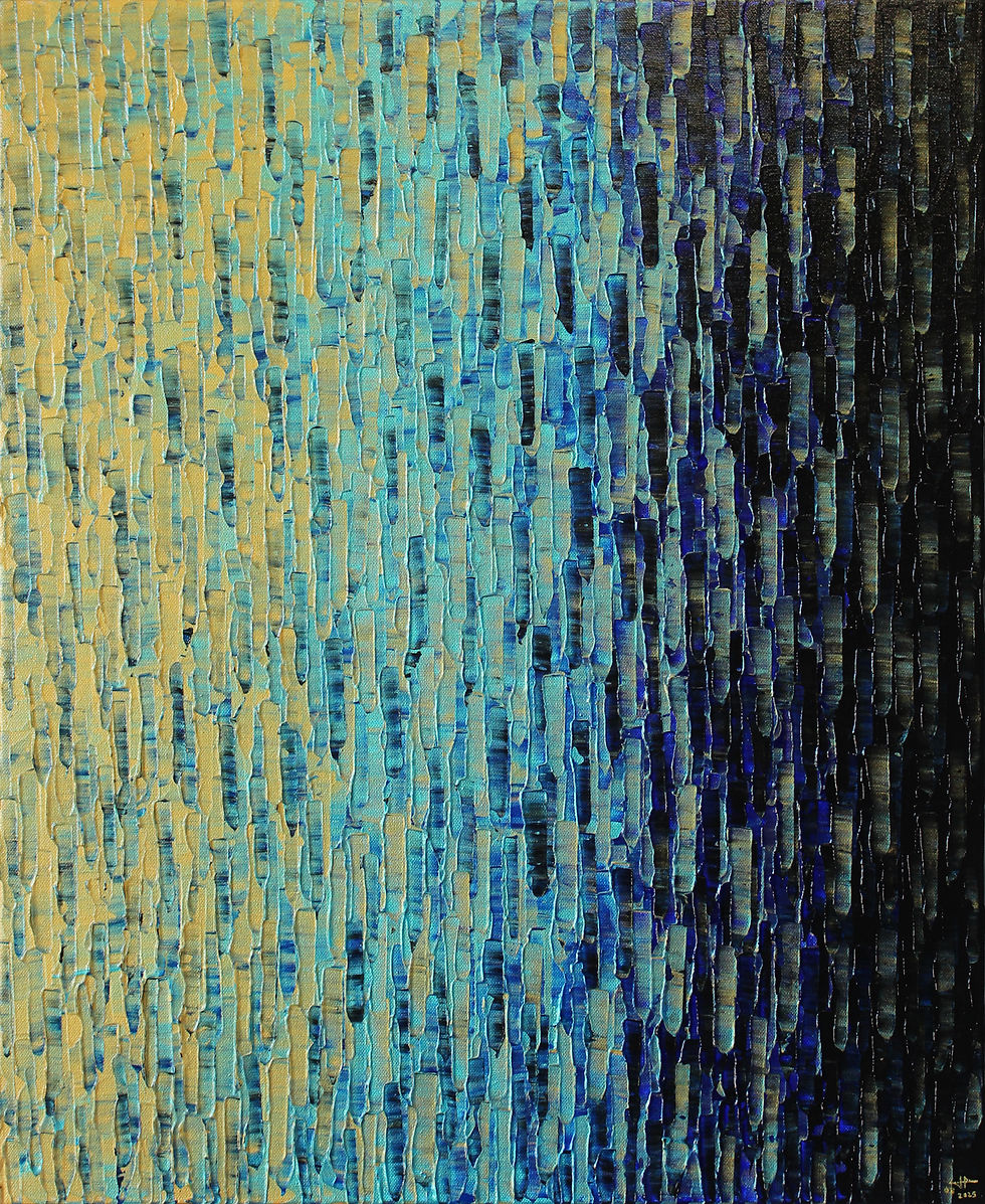 Peinture abstraite contemporaine Dégradé Or Bleu, réalisée au couteau, dégradé doré et bleu irisé, texture en relief.