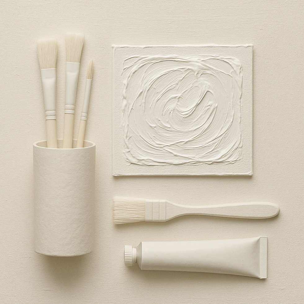 Künstlerwerkzeuge in Weiß auf neutralem Hintergrund, Illustration der Farbe Weiß in der Kunst.