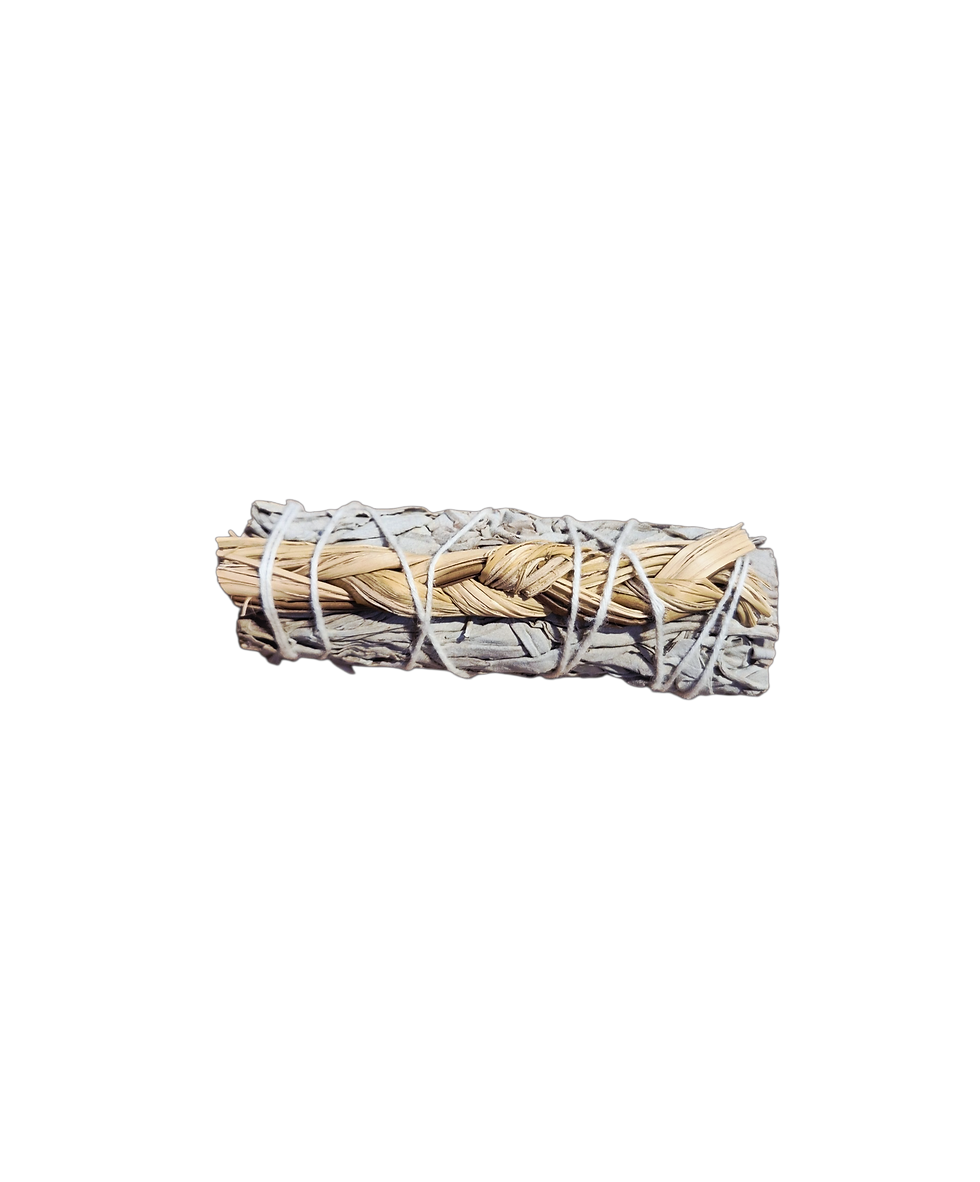 Miniature : Bâton de sauge blanche et foin d’odeur Sweetgrass de 10 à 11 × 3 cm. Pour purification, harmonie et attraction des énergies 